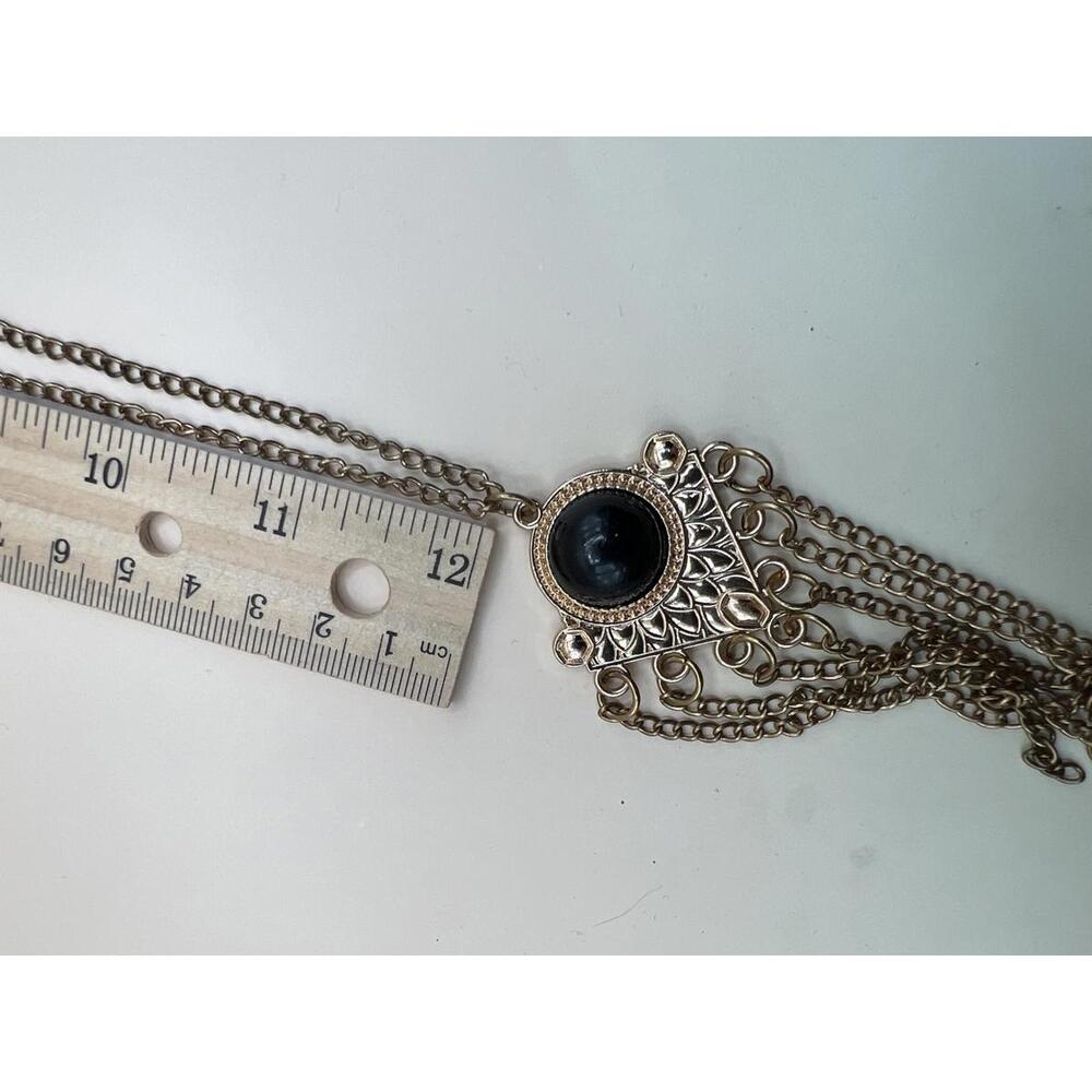 Vintage Style Gold Tone Necklace with Black Pendant and Chain Fringe - Picture 8 of 8